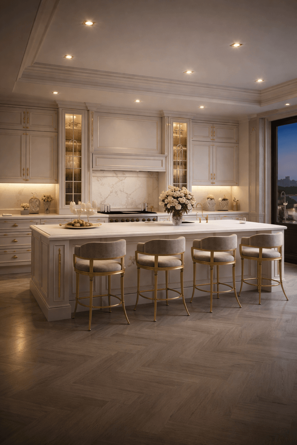Luxury modular kitchen with island counter and ambient lighting
