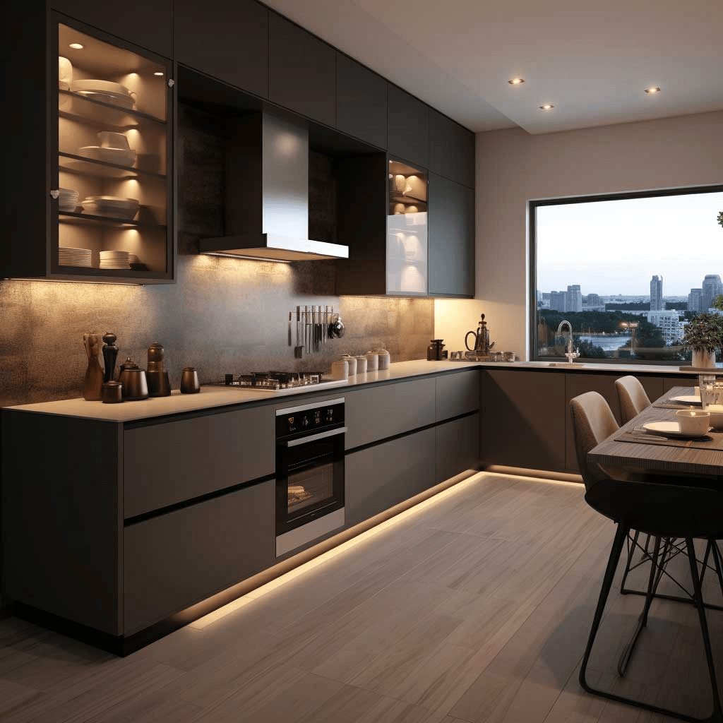 Modern modular kitchen interior with clean storage and premium finishes